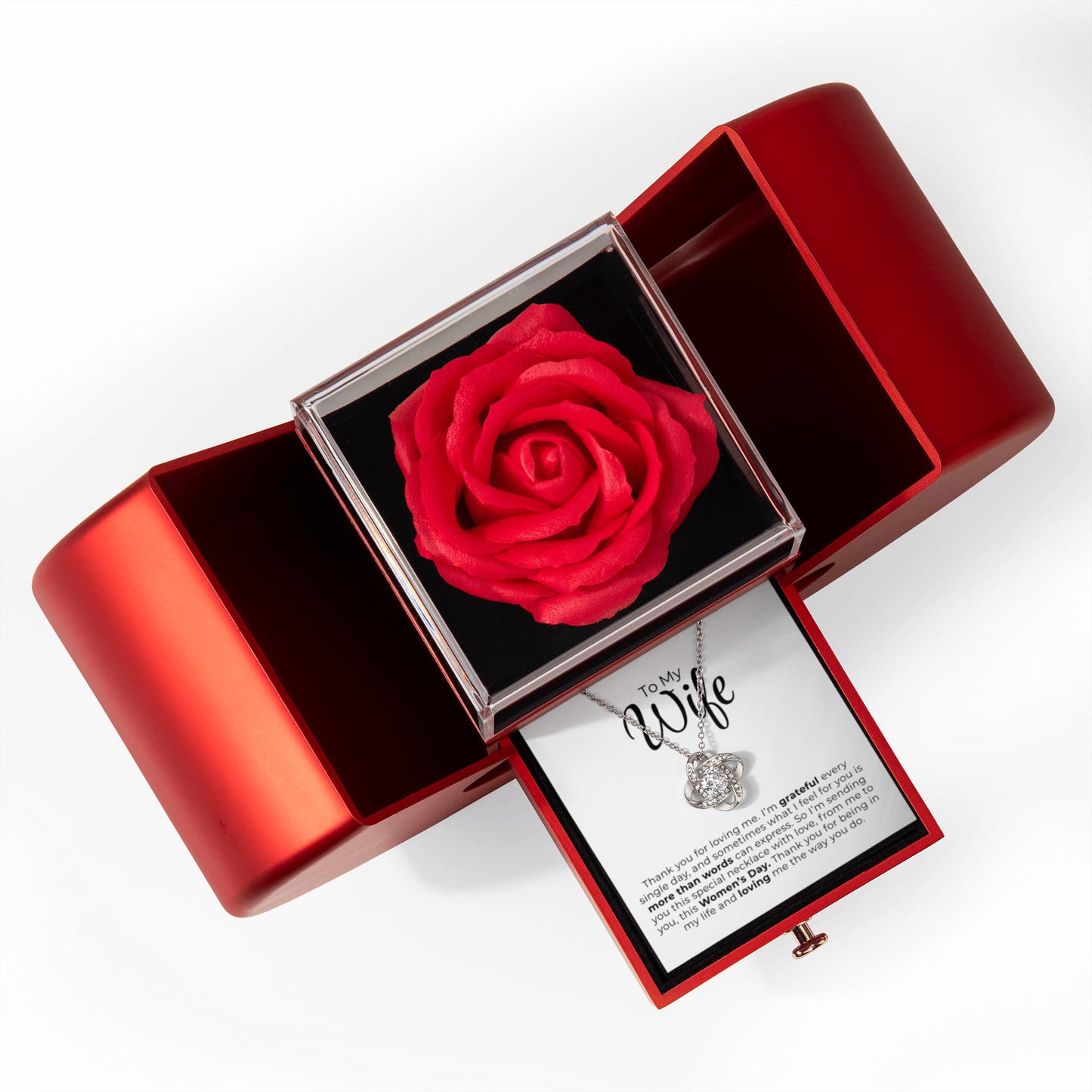 An meine Frau - Ich bin jeden einzelnen Tag dankbar - Liebesknoten-Halskette mit roter Herzrosen-Box