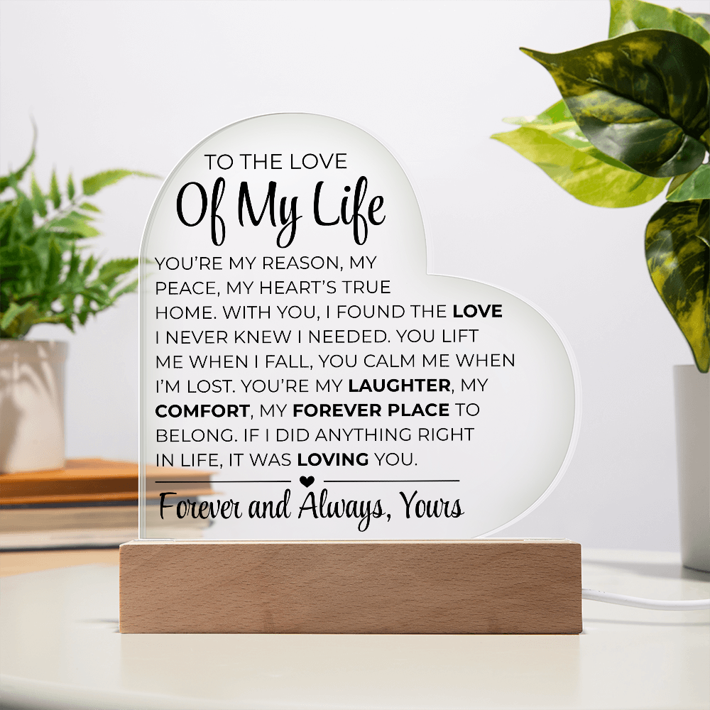 An die Liebe meines Lebens – Acrylplakette mit gedrucktem Herz
