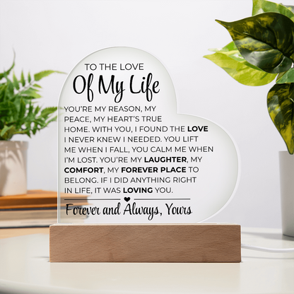 An die Liebe meines Lebens – Acrylplakette mit gedrucktem Herz