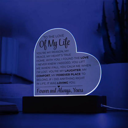 An die Liebe meines Lebens – Acrylplakette mit gedrucktem Herz