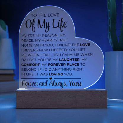 An die Liebe meines Lebens – Acrylplakette mit gedrucktem Herz