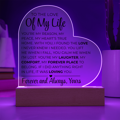 An die Liebe meines Lebens – Acrylplakette mit gedrucktem Herz