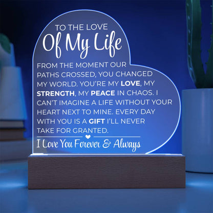 An die Liebe meines Lebens – Acrylplakette mit gedrucktem Herz