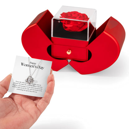 Alles Gute zum Frauentag – Halskette mit Liebesknoten und roter Herzrosenbox