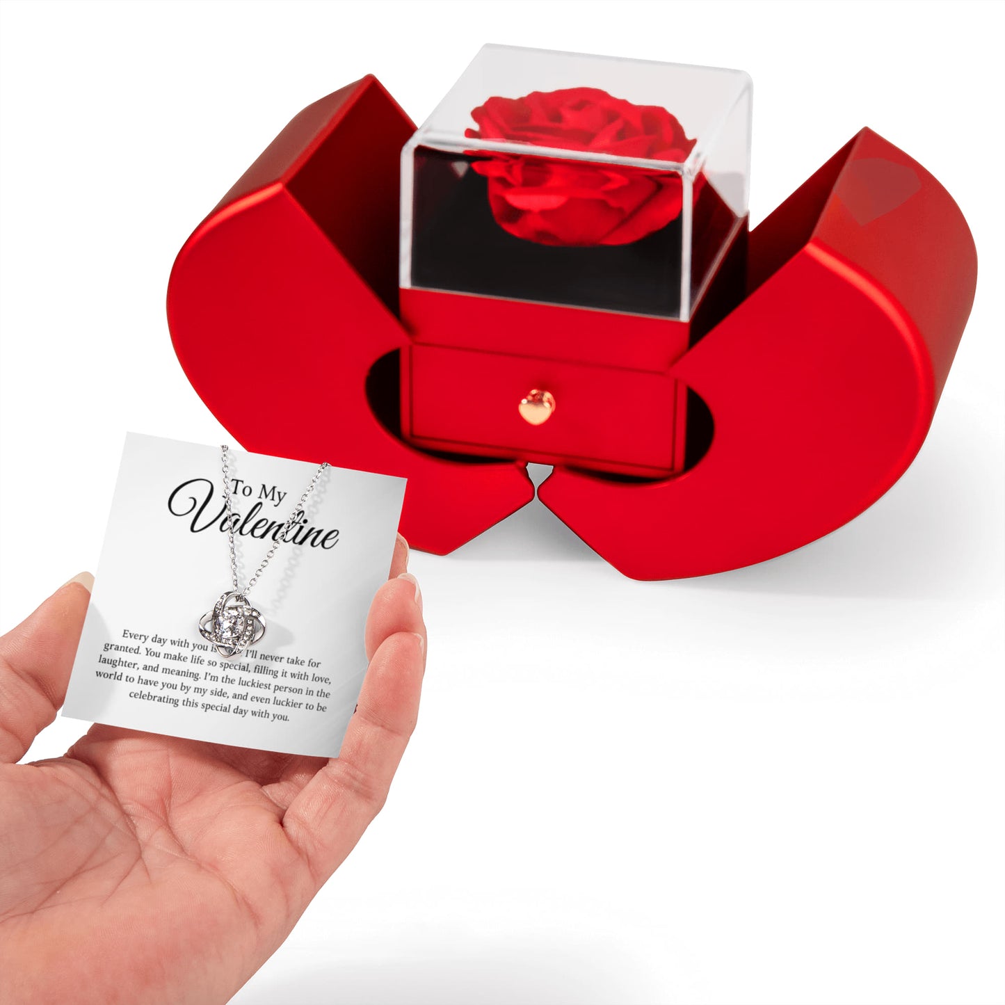 An meinen Schatz zum Valentinstag - Liebesknoten Halskette mit Roter Herz Rosen Box