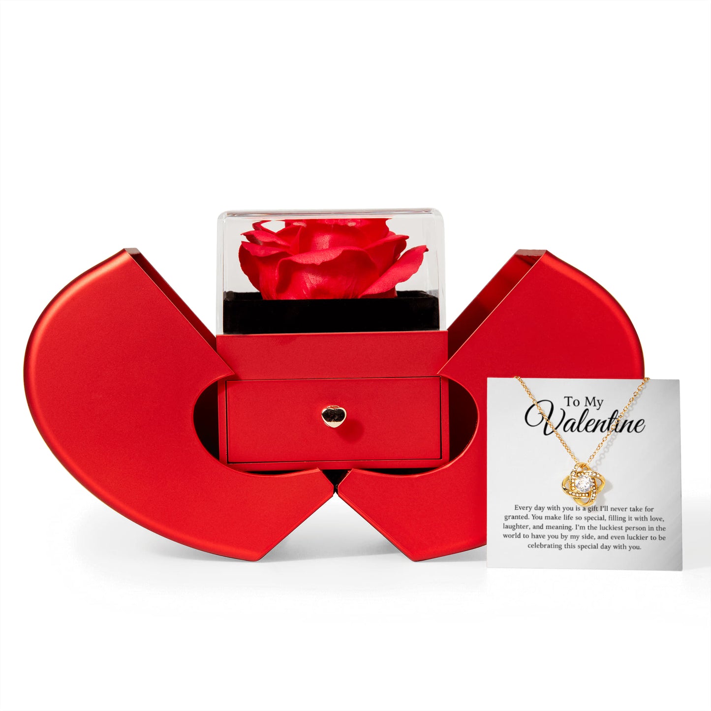 An meinen Schatz zum Valentinstag - Liebesknoten Halskette mit Roter Herz Rosen Box