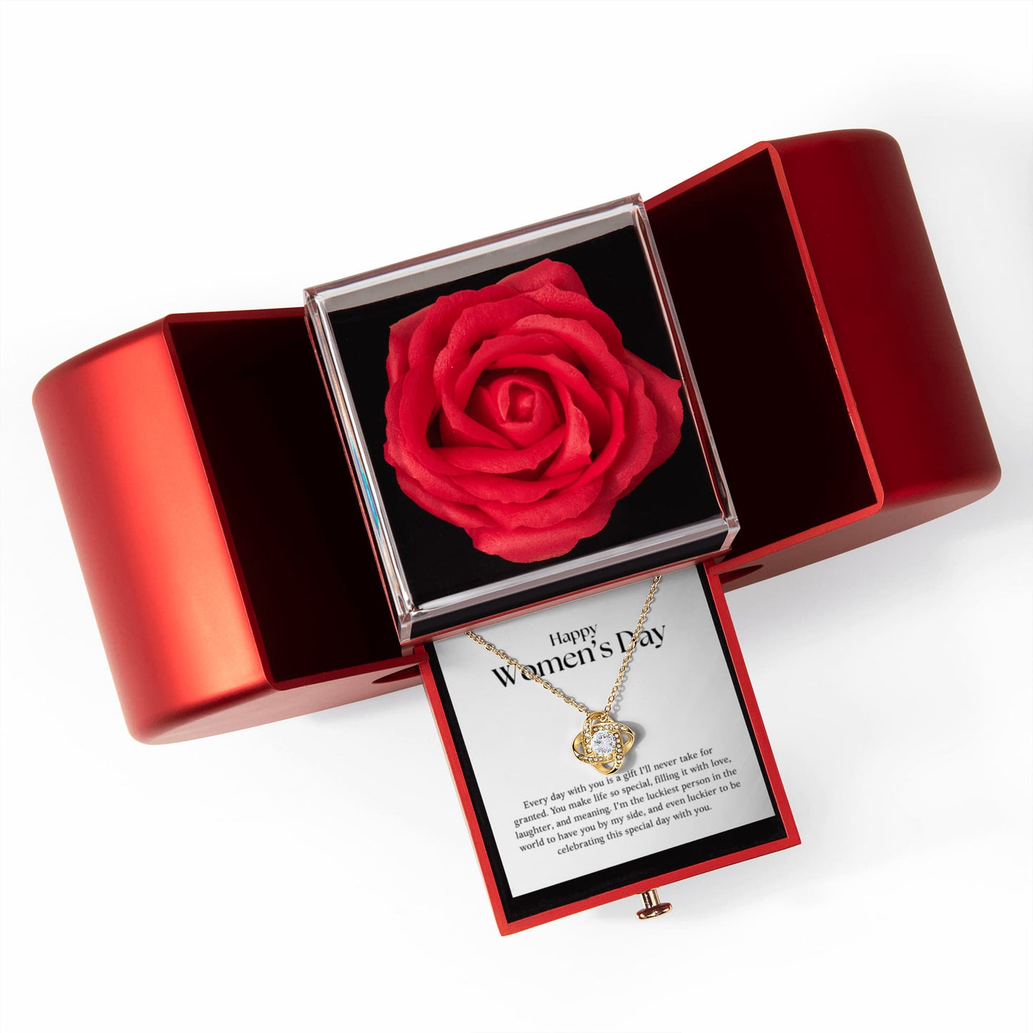 Alles Gute zum Frauentag – Halskette mit Liebesknoten und roter Herzrosenbox