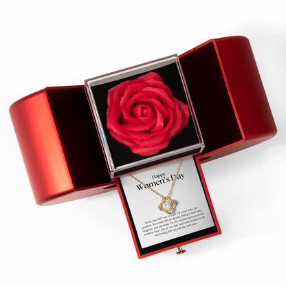Alles Gute zum Frauentag – Halskette mit Liebesknoten und roter Herzrosenbox